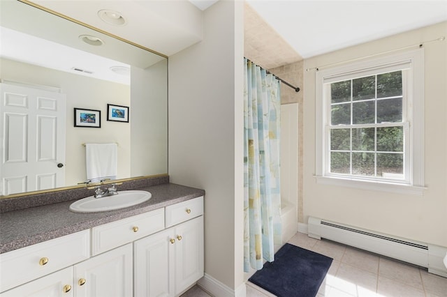 32 Susan Dr, Cumberland, RI 02864 - full bath featuring a baseboard radiator, plenty of natural light, vanity, and shower / bath combination with curtain