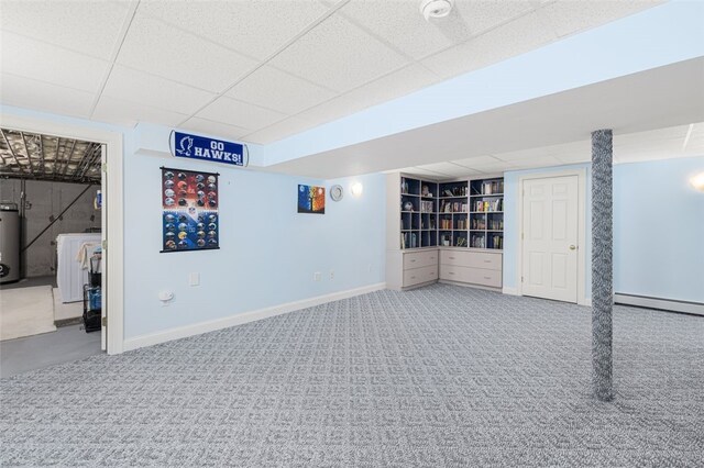 32 Susan Dr, Cumberland, RI 02864 - finished basement with carpet floors, a baseboard heating unit, gas water heater, a drop ceiling, and built in shelves