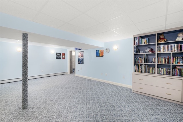 32 Susan Dr, Cumberland, RI 02864 - finished below grade area featuring carpet, a paneled ceiling, and a baseboard radiator