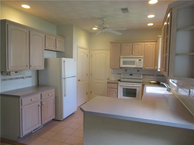 73 Orchard Meadows Dr Unit 73, Smithfield, RI 02917 - kitchen with white appliances, a peninsula, tasteful backsplash, a ceiling fan, and recessed lighting