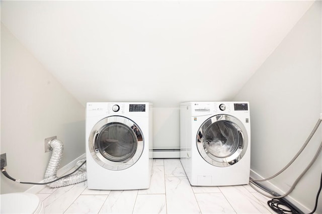 15 Wendell St, Providence, RI 02909 - washroom featuring light marble finish floors, baseboard heating, and washer and dryer