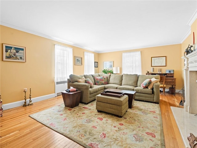 173 Gaskill St, Woonsocket, RI 02895 - living room featuring radiator heating unit, ornamental molding, hardwood / wood-style flooring, and a fireplace
