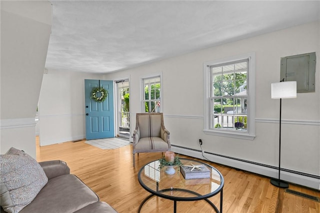 188 Reynolds Ave, Warwick, RI 02889 - living room with electric panel, a baseboard heating unit, and wood finished floors