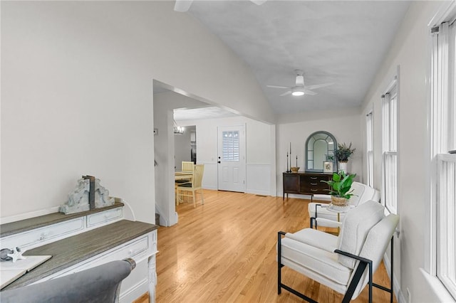 188 Reynolds Ave, Warwick, RI 02889 - living area featuring vaulted ceiling, ceiling fan, and light wood-style floors