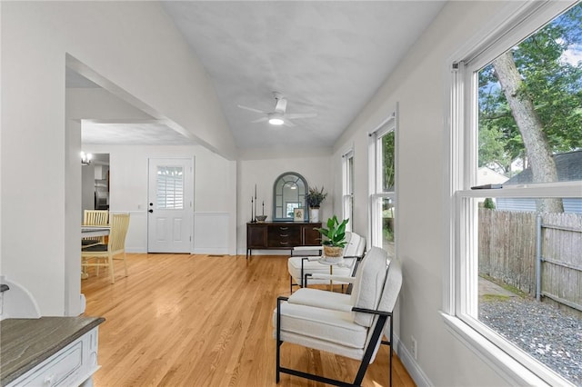 188 Reynolds Ave, Warwick, RI 02889 - living area with light wood-type flooring, ceiling fan, and vaulted ceiling