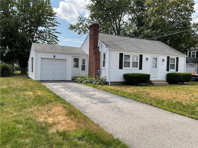 94 Alvin St, Warwick, RI 02886 - view of front of home with a chimney, a garage, asphalt driveway, a front yard, and entry steps