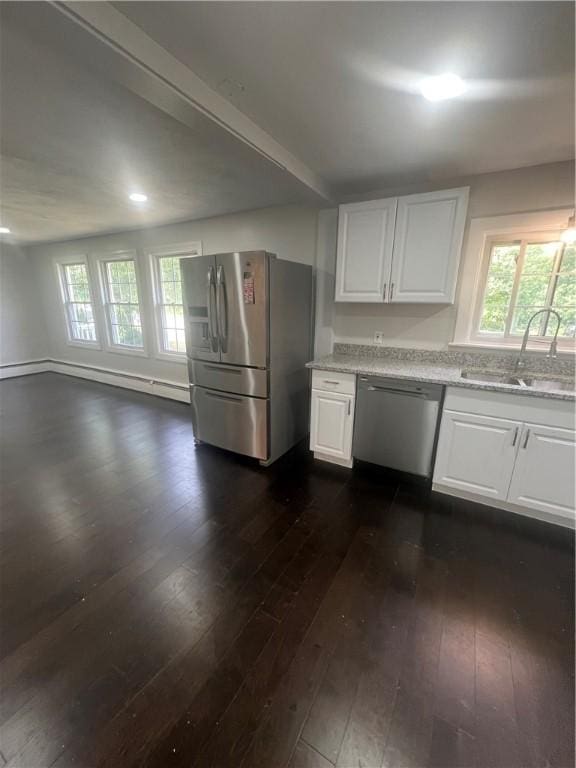 354 Rhodes Ave, Woonsocket, RI 02895 - kitchen with stainless steel appliances, dark wood finished floors, white cabinetry, plenty of natural light, and recessed lighting