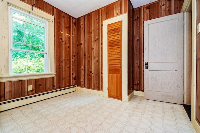 3442 Flat River Rd, Coventry, RI 02816 - unfurnished room with a baseboard heating unit, light flooring, and wooden walls