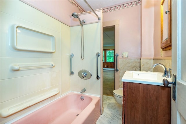 3442 Flat River Rd, Coventry, RI 02816 - full bathroom with vanity, shower / bathtub combination, marble look tiles, and tile walls
