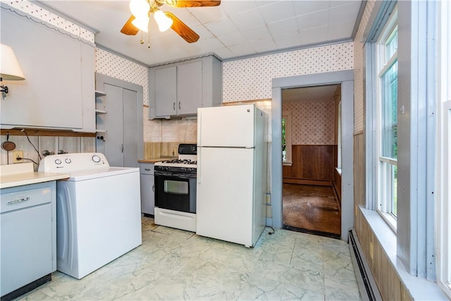 3442 Flat River Rd, Coventry, RI 02816 - kitchen featuring white appliances, washer / clothes dryer, wallpapered walls, a baseboard heating unit, and ceiling fan