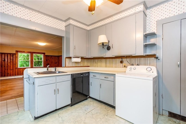 3442 Flat River Rd, Coventry, RI 02816 - kitchen with washer / clothes dryer, black dishwasher, baseboard heating, open shelves, and light countertops
