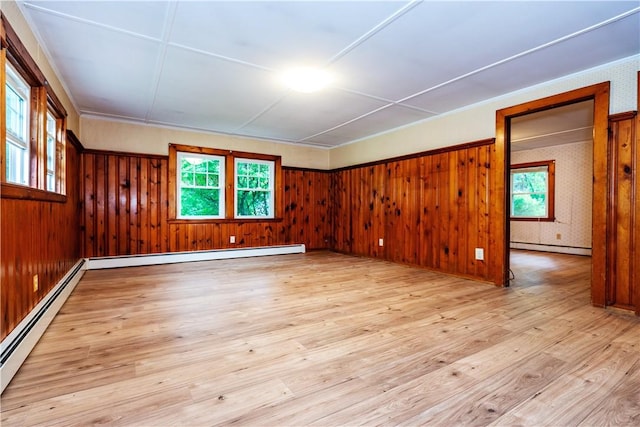 3442 Flat River Rd, Coventry, RI 02816 - unfurnished room featuring baseboard heating, light wood-style floors, and wood walls