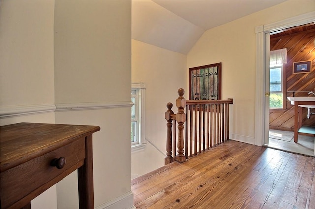 46 Highland Ave, Westerly, RI 02891 - hallway with hardwood / wood-style floors, an upstairs landing, and lofted ceiling