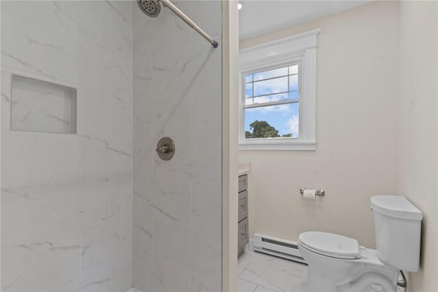 8 Parkman St, Providence, RI 02907 - bathroom featuring marble finish floors, a baseboard radiator, a tile shower, and vanity
