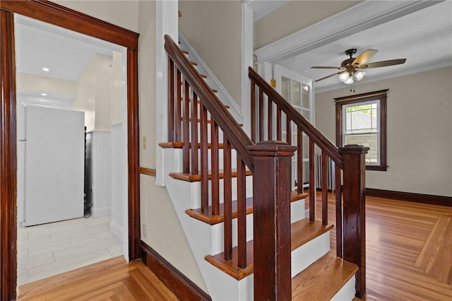 8 Parkman St, Providence, RI 02907 - staircase featuring a ceiling fan and crown molding