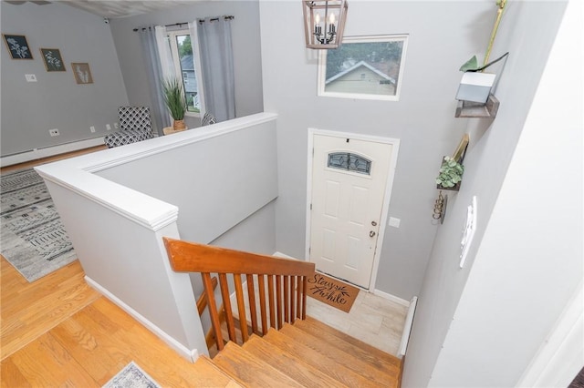 36 Wadsworth St, Warwick, RI 02889 - foyer entrance featuring wood finished floors, baseboard heating, and a chandelier