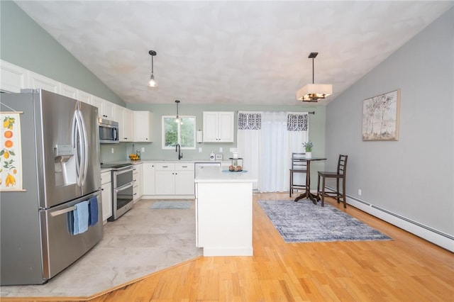 36 Wadsworth St, Warwick, RI 02889 - kitchen with stainless steel appliances, lofted ceiling, light wood-type flooring, white cabinets, and light countertops