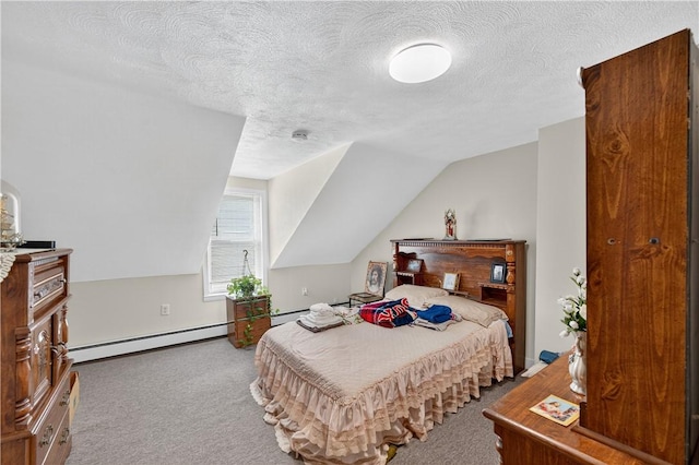 270 Central St, Central Falls, RI 02863 - carpeted bedroom with a baseboard radiator, vaulted ceiling, and a textured ceiling