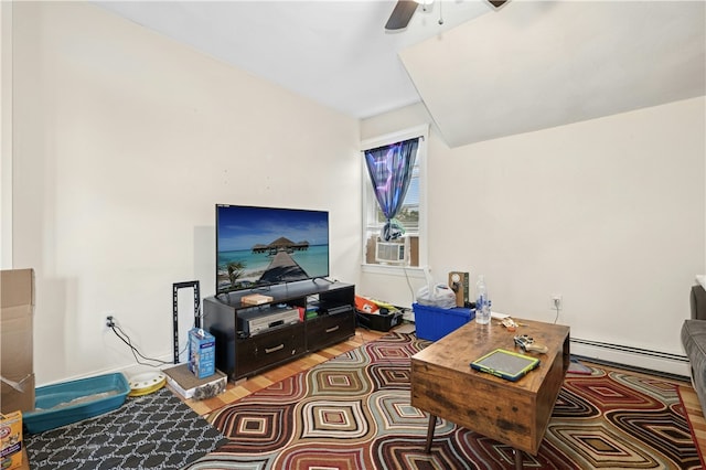 79 Winthrop St, Woonsocket, RI 02895 - living area with light wood finished floors, ceiling fan, baseboard heating, and cooling unit