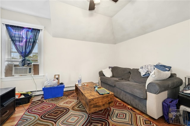 79 Winthrop St, Woonsocket, RI 02895 - living area with vaulted ceiling, a ceiling fan, a baseboard radiator, cooling unit, and light wood-type flooring