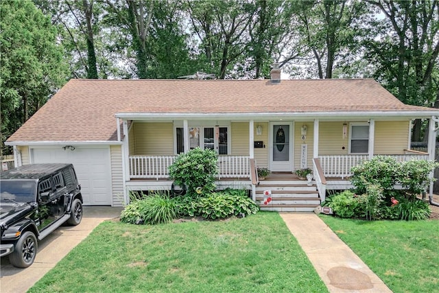 6 Jacksonia Dr, North Providence, RI 02911 - ranch-style house featuring a garage, covered porch, a front yard, and a shingled roof
