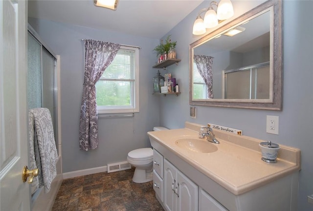 350 Narrow Ln, Charlestown, RI 02813 - full bath with stone finish floors, vanity, and a shower with shower door