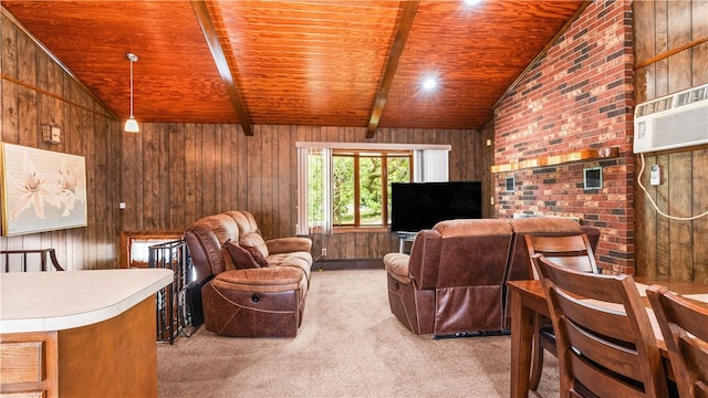 50 Tobey St, Providence, RI 02909 - carpeted living area featuring wooden ceiling, wooden walls, and a wall mounted air conditioner