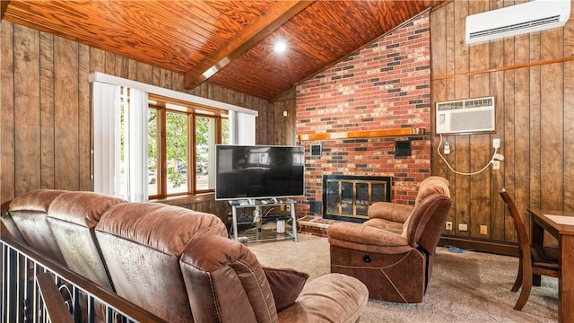 50 Tobey St, Providence, RI 02909 - carpeted living room featuring a wall mounted air conditioner, wooden walls, wood ceiling, a fireplace, and a wall unit AC