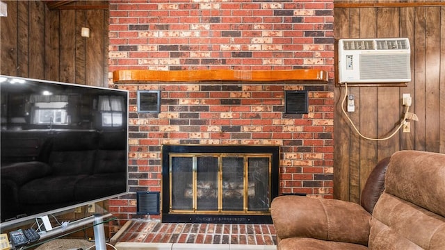 50 Tobey St, Providence, RI 02909 - detailed view of wood walls, a fireplace, and a wall unit AC
