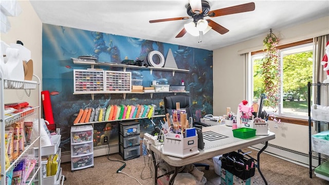 50 Tobey St, Providence, RI 02909 - office with wallpapered walls, an accent wall, carpet, a baseboard heating unit, and ceiling fan