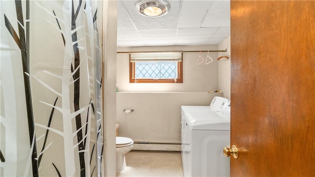 50 Tobey St, Providence, RI 02909 - bathroom featuring independent washer and dryer, baseboard heating, a drop ceiling, and a shower with curtain