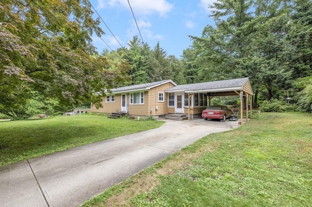 226 Westcott Rd, Scituate, RI 02857 - ranch-style home with a carport, driveway, a front lawn, and entry steps