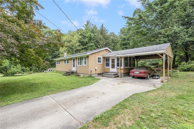 226 Westcott Rd, Scituate, RI 02857 - single story home with a carport, driveway, a front yard, and a chimney