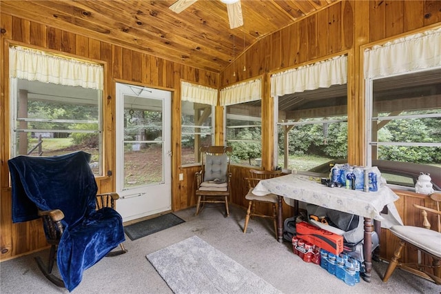 226 Westcott Rd, Scituate, RI 02857 - sunroom / solarium with lofted ceiling, wooden walls, wood ceiling, carpet floors, and ceiling fan