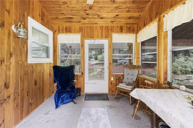 226 Westcott Rd, Scituate, RI 02857 - sunroom featuring wooden walls, wooden ceiling, and carpet floors