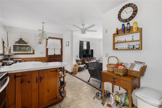 226 Westcott Rd, Scituate, RI 02857 - kitchen featuring light countertops, stainless steel range with electric stovetop, ceiling fan, and open shelves