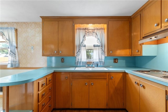 352 Cove Ave, Warwick, RI 02886 - kitchen with light countertops, healthy amount of natural light, under cabinet range hood, a peninsula, and wallpapered walls