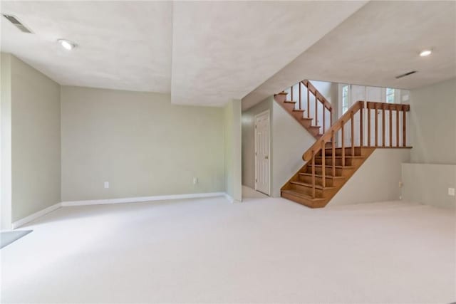 5 Spirketing St, Jamestown, RI 02835 - unfurnished living room featuring stairs, carpet, and recessed lighting