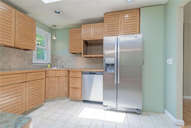 5 Spirketing St, Jamestown, RI 02835 - kitchen featuring stainless steel appliances, decorative backsplash, light brown cabinets, light countertops, and recessed lighting