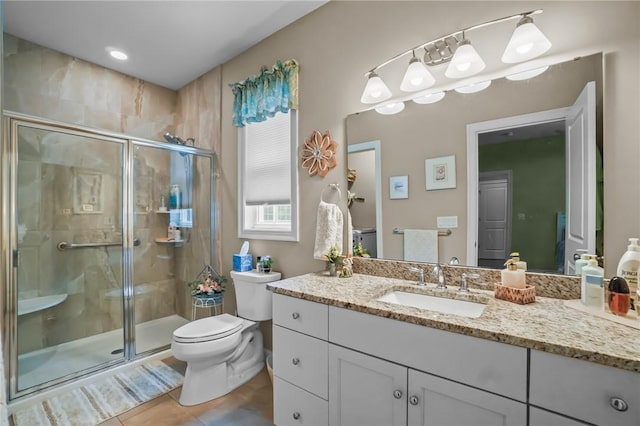 170 Providence Pike Unit 145, North Smithfield, RI 02896 - bathroom with vanity, a stall shower, and tile patterned flooring