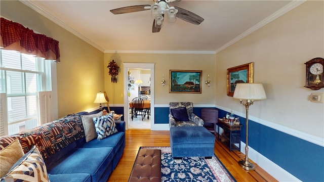95 Burlington St, Providence, RI 02906 - living area featuring ornamental molding, wood finished floors, and a ceiling fan