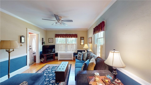 95 Burlington St, Providence, RI 02906 - living area featuring light wood-style floors, ornamental molding, and ceiling fan