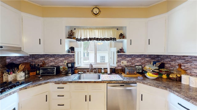 95 Burlington St, Providence, RI 02906 - kitchen featuring stainless steel appliances, range hood, decorative backsplash, and white cabinetry