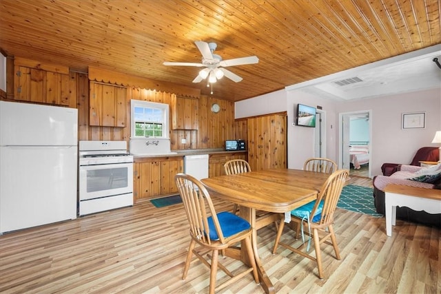 2 Geraldine Blvd, Narragansett, RI 02882 - dining room with light wood-type flooring, ceiling fan, wood walls, and wood ceiling