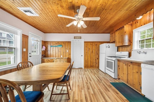 2 Geraldine Blvd, Narragansett, RI 02882 - kitchen featuring white appliances, light wood finished floors, wood ceiling, wood walls, and ceiling fan