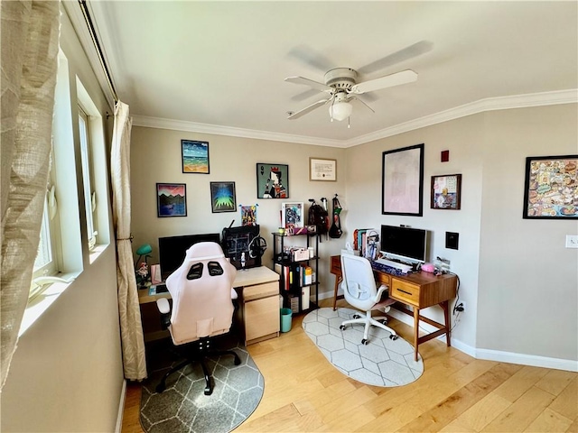 1000 Providence Pl Unit 449, Providence, RI 02903 - home office featuring light wood-style flooring, a ceiling fan, crown molding, and healthy amount of natural light