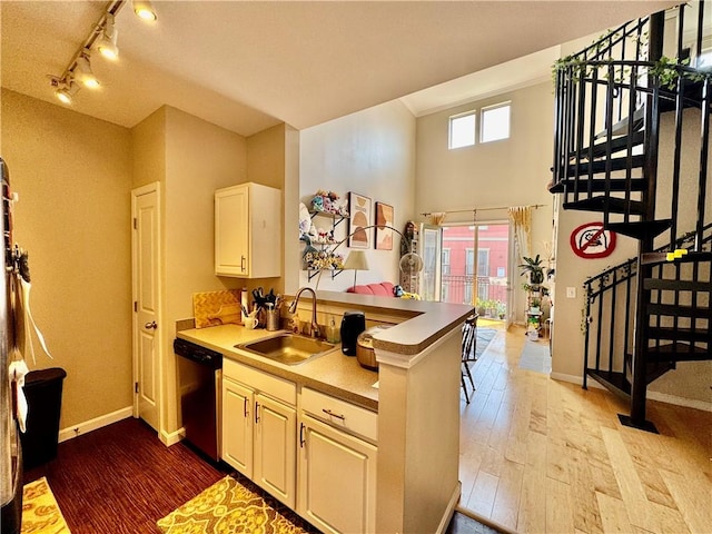 1000 Providence Pl Unit 449, Providence, RI 02903 - kitchen featuring stainless steel dishwasher, hardwood / wood-style floors, rail lighting, a peninsula, and a towering ceiling