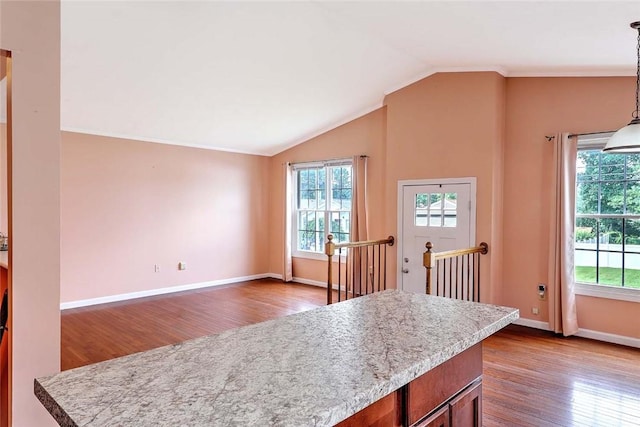28 Plant St, Cumberland, RI 02864 - kitchen featuring plenty of natural light, dark wood-type flooring, light countertops, decorative light fixtures, and vaulted ceiling
