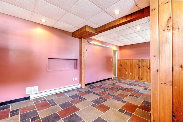 28 Plant St, Cumberland, RI 02864 - unfurnished room with a baseboard radiator, a paneled ceiling, wooden walls, a wainscoted wall, and stone finish floors