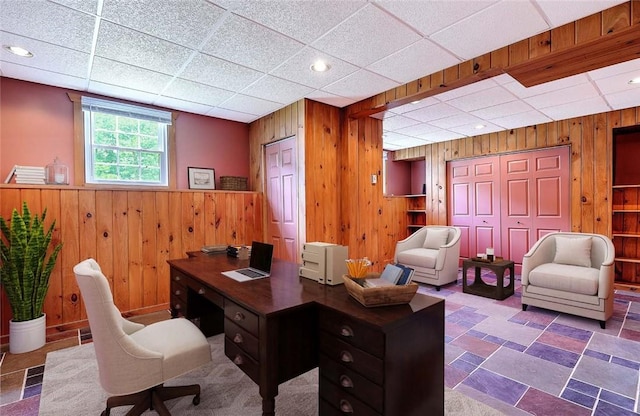 28 Plant St, Cumberland, RI 02864 - office with wood walls, a paneled ceiling, and recessed lighting